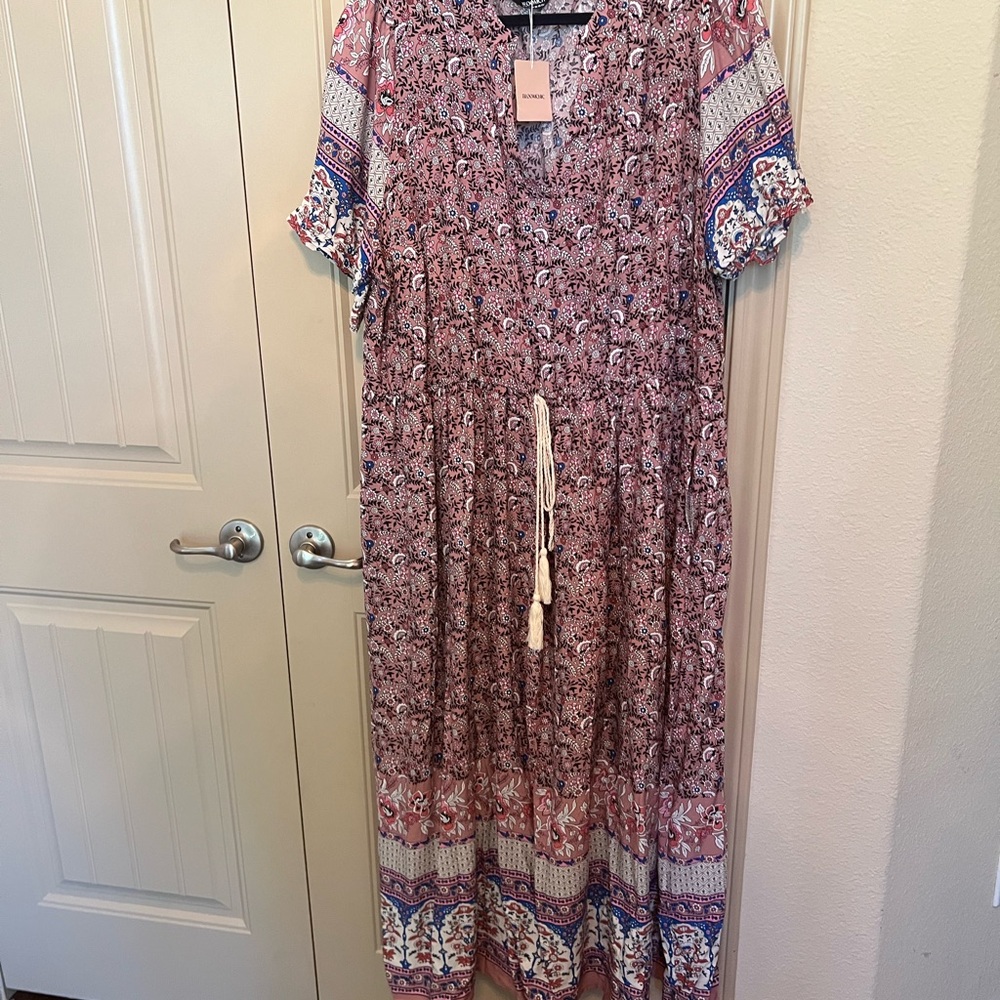 BloomChic Casual Pink and Purple V-Neck Maxi Dress